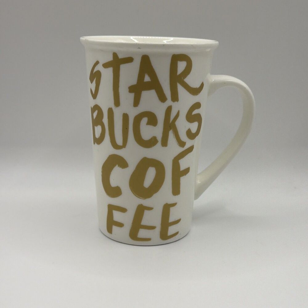 Starbucks 2015 Coffee Mug 12 oz Cup White with Gold Graffiti Letters 354 ml